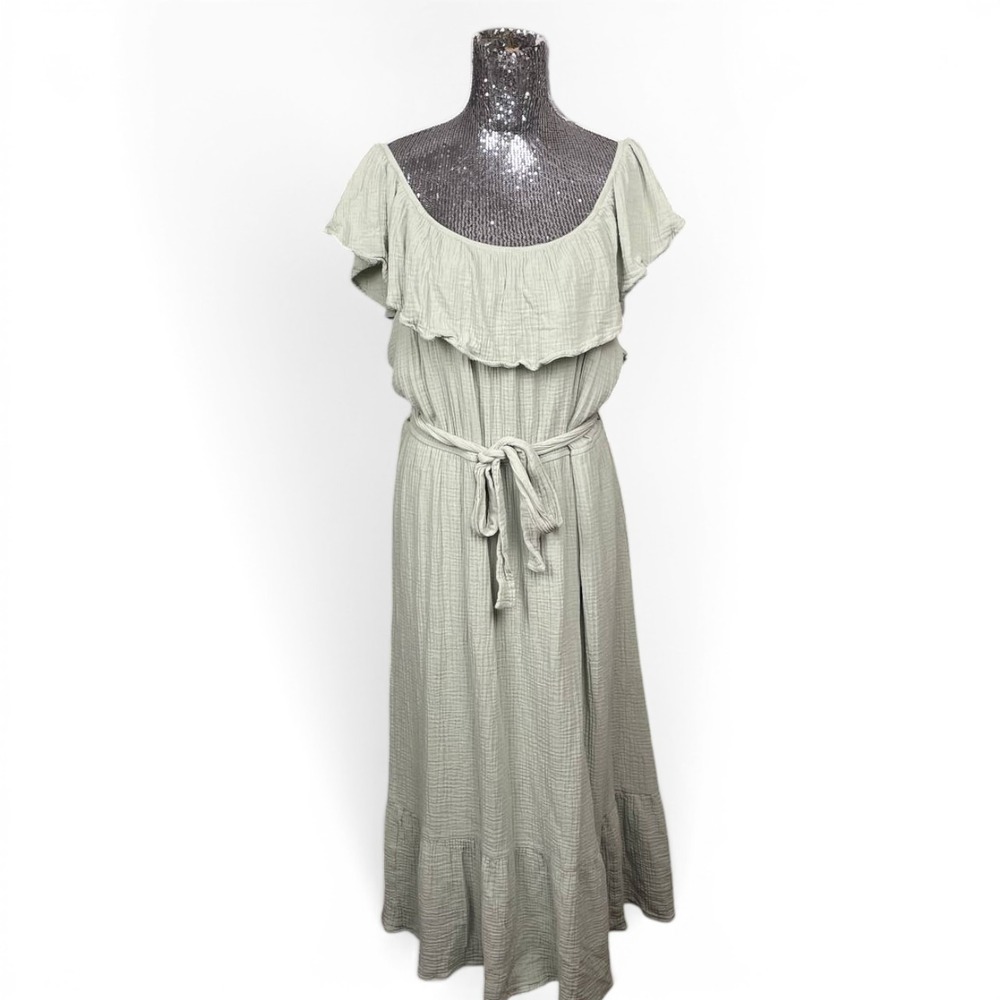 Cottagecore Sage Green Gauze Maxi Dress Boho Ruffle Peasant Large/XL Prairie